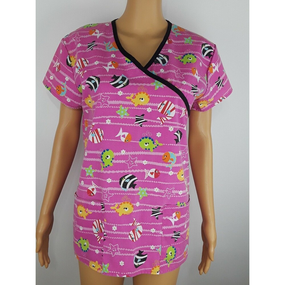 Uniform Scrub Top Pink Flowers Black Trim Colorful Pockets XS